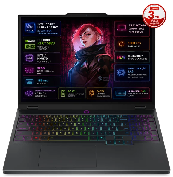 Lenovo Legion 5 15IAX10 Intel Core Ultra 9 275HX 32GB 1TB SSD RTX 5070 15.1 WQXGA OLED Fd 83F00024TR ürün görseli 1