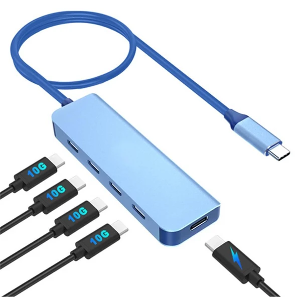 Vcom CUE11s Type-C To 4-Usb-C (10GBps)+Pd 3.0 100W Mavi Çoklayıcı ürün görseli 1