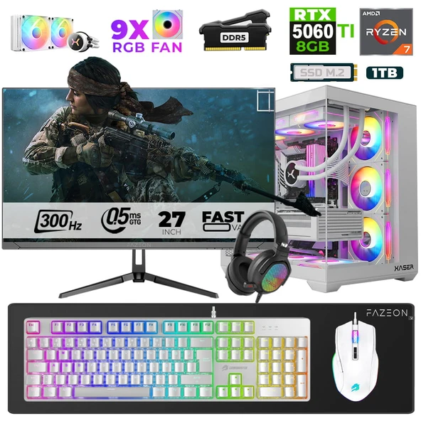 Xaser Star X520 Ryzen 7 7800X3D 32GB Ram 1TB M.2 NVMe SSD 8GB RTX5060Ti 27" 300Hz Oyuncu Bilgisayarı ürün görseli 1