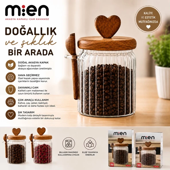 MİEN 570-460 ml İkili Akasya Kapaklı Kaşıklı Cam Kavanoz Seti Akasya Standlı ürün görseli 1