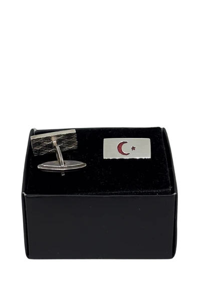 Dikdörtgen Kırmızı Ay Yıldız Gümüş Kol Düğmesi [UD430403] ürün görseli 1