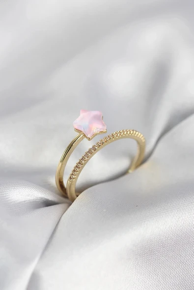 Gold Renk Zirkon Taşlı Pembe Halley Model Kadın Yüzük ürün görseli 1