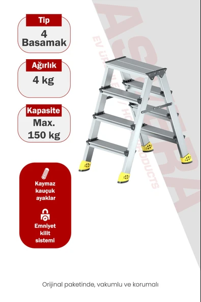 Asvera Alüminyum 4+4 Çift Çıkışlı A Tipi Merdiven - Hafif ve Paslanmaz Çift Taraflı Merdiven ürün görseli 1