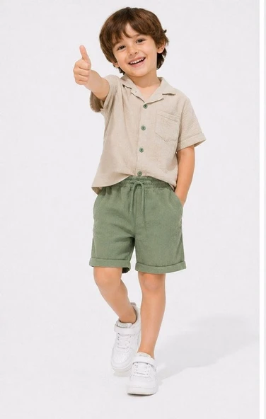 Cg Kids Gömlek Cepli Alt Şort Müslin Kumaş Erkek Çocuk Alt Üst Takım Süper Kalite ürün görseli 1