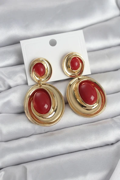 Kırmızı Sallantılı Damla Model Gold Renk Vintage Kadın Küpe ürün görseli 1