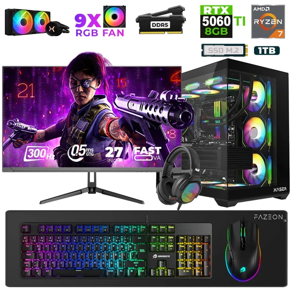 Xaser Star X510 Ryzen 7 7800X3D 32GB Ram 1TB M.2 NVMe SSD 8GB RTX5060Ti 27" 300Hz Oyuncu Bilgisayarı ürün görseli 1