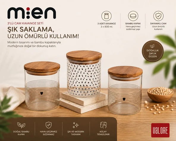 Mien 3'Lü Akasya kapaklı Cam Kavanoz Seti ürün görseli 1