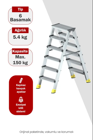 Asvera Alüminyum 6+6 Çift Çıkışlı A Tipi Merdiven - Hafif ve Paslanmaz Çift Taraflı Merdiven ürün görseli 1