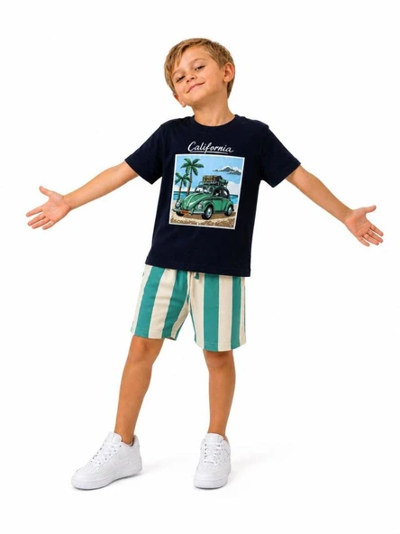 Cg Kids Araba Desenli Çizgili Şortlu Tshirt & Şort Erkek Çocuk Alt Üst Takım ürün görseli 1