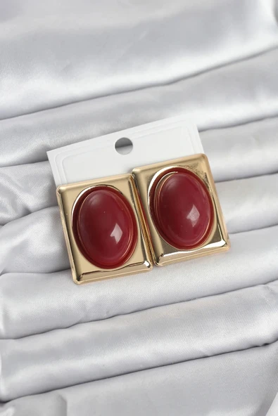 Bordo Kare Model Vintage Gold Renk Kadın Küpe ürün görseli 1