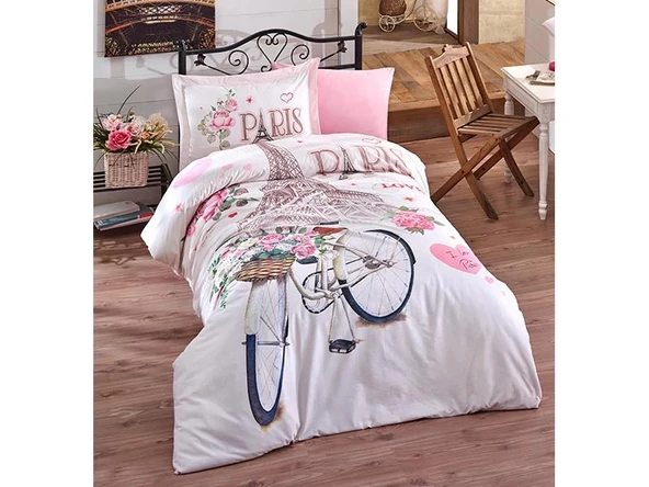 Clasy Ranforce Genç Nevresim Takımı Tek Kişilik Paris Love V1 Pembe ürün görseli 1