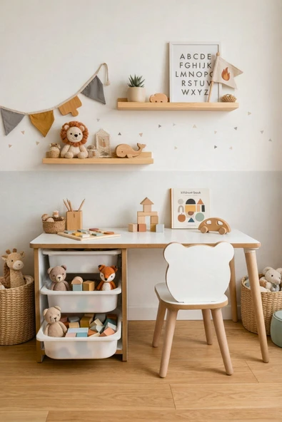 OBİ Atölye Çocuk Oyun Aktivite Masası 90x45 Cm 3 Sepetli Çocuk Çalışma Masası Arkalıklı Sandalye - Panda ürün görseli 1