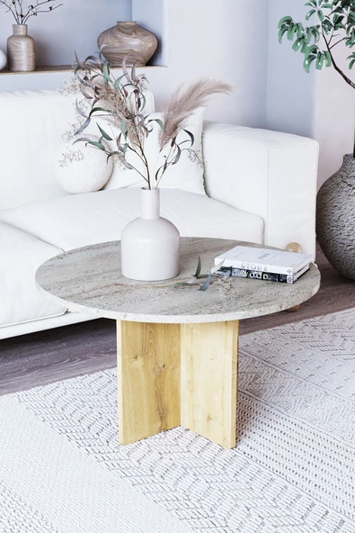 OBİ Atölye Tekli Orta Sehpa, İskandinav Stil, Bohem, 72 cm - Traverten & Meşe ürün görseli 1