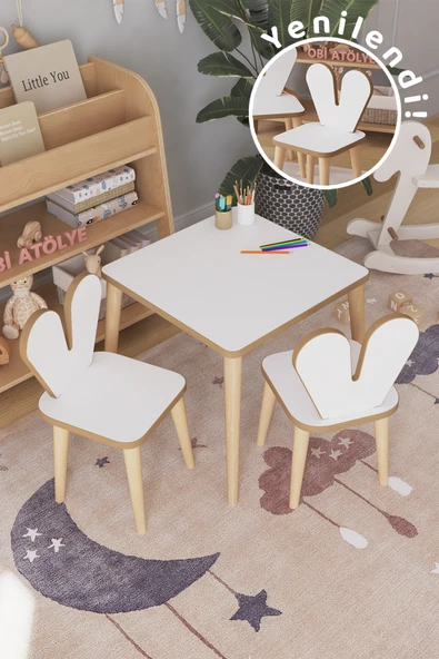 OBİ Atölye Çocuk Oyun Aktivite Masası 45x45 Cm 2 Sandalyeli Çocuk Çalışma Masası ürün görseli 1