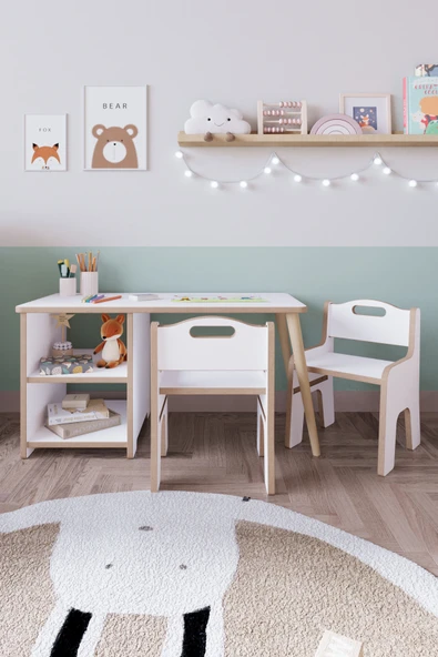 OBİ Atölye 2 Raflı Çocuk Aktivite Masası Montessori Masa Sandalye Seti - İki Sandalyeli ürün görseli 1