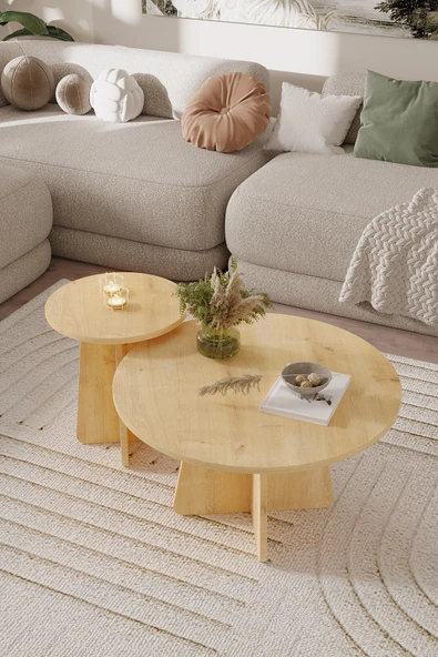 OBİ Atölye NORD 2'li Orta Sehpa 72 cm-40 cm, İskandinav Orta Sehpa, Bohem, Yuvarlak - Safir Meşe ürün görseli 1