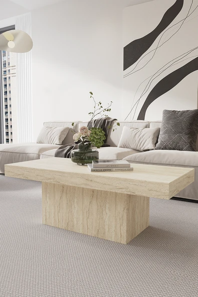OBİ Atölye VOLKA-LONG Orta Sehpa 110x50 cm İskandinav Stili Küp Sehpa Traverten Desenli ürün görseli 1