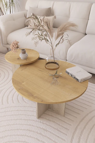 OBİ Atölye 2 li Orta Sehpa Seti, İskandinav Stil, Bohem, 72 cm, 40 cm - Safir Meşe & Traverten ürün görseli 1