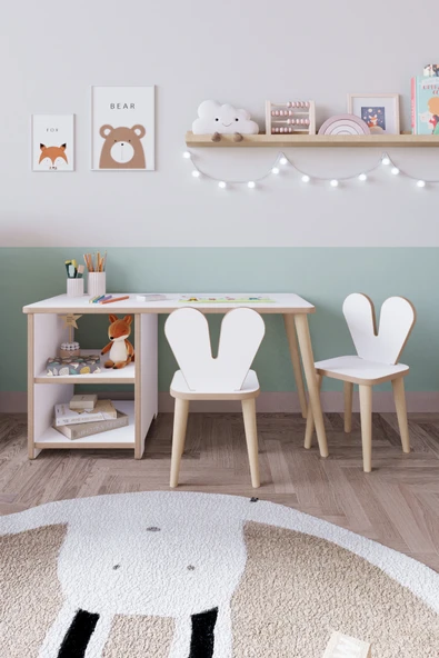 OBİ Atölye 2 Raflı Çocuk Aktivite Masası Montessori Masa Sandalye Seti - İki Sandalyeli ürün görseli 1