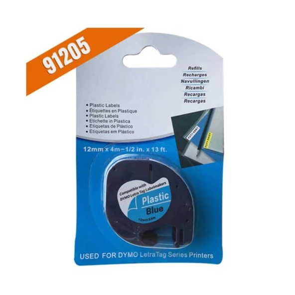 Dymo LetraTag 59426 Muadil Plastik Mavi Üstüne Siyah Etiket 91205 12mm x 4M ürün görseli 1