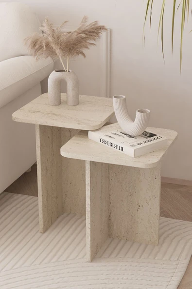 OBİ Atölye Kare Zigon Sehpa Takımı, 2 li Set, Yan Sehpa - Traverten Desen ürün görseli 1