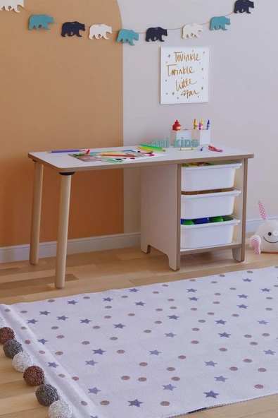 OBİ Atölye Oyun & Aktivite Masası 90x45 Cm Oyuncak Dolabı 3 Sepetli Çocuk Çalışma Masası Oyun Masası - Beyaz ürün görseli 1