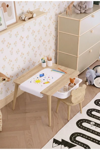 OBİ Atölye Oyun Aktivite Masası Tek Sandalyeli Yaz Sil Yüzey Tek Çekmeceli - Panda Sandalye ürün görseli 1