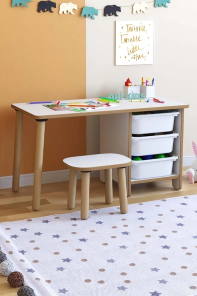 OBİ Atölye Çocuk Çalışma Masası 90x45 Cm 3 Sepetli Çocuk Masa Tabure Seti Oyun & Aktivite Masası ürün görseli 1