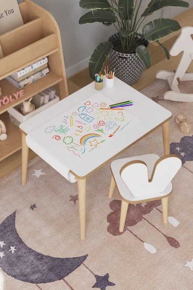 OBİ Atölye Çocuk Oyun Aktivite Masası 60x45 Cm - Kağıt Rulo Set - Montessori Sandalye Çalışma Masası ürün görseli 1