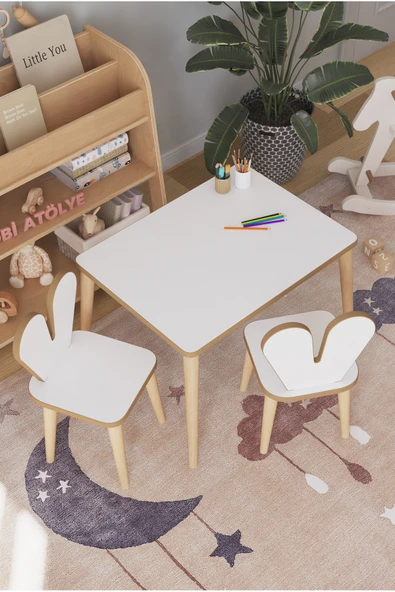 OBİ Atölye Çocuk Oyun Aktivite Masası 60x45 Cm 2 Sandalyeli Çocuk Çalışma Masası ürün görseli 1