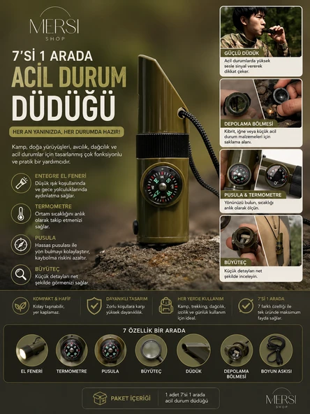 7’si 1 Arada Acil Durum Düdüğü Pusulalı Kamp ve Outdoor Hayatta Kalma Seti ürün görseli 1
