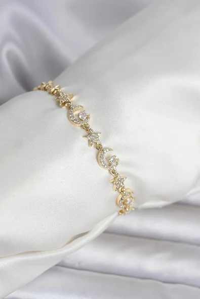 Pirinç Gold Renk Zirkon Taşlı Ay ve Yıldız Model Kadın Bileklik ürün görseli 1