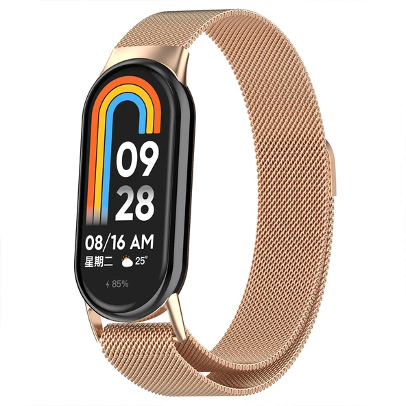 Sneezy Xiaomi Mi Band 8 Uyumlu Metal Hasır Kordon  Rose Gold ürün görseli 1