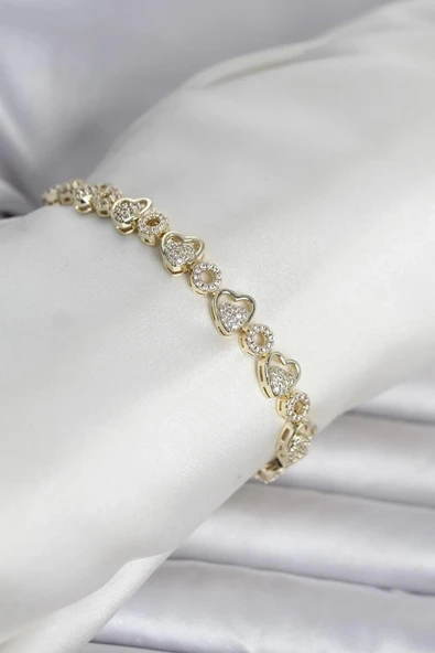 Pirinç Gold Renk Zirkon Taşlı Kalp Model Kadın Bileklik ürün görseli 1
