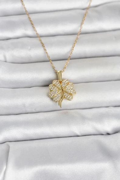 316L Çelik Gold Renk Açılabilir Yonca Model Zirkon Taşlı Kadın Kolye ürün görseli 1