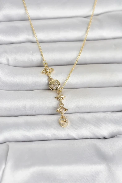 316L Çelik Gold Renk Zirkon Taşlı Y Kadın Kolye ürün görseli 1