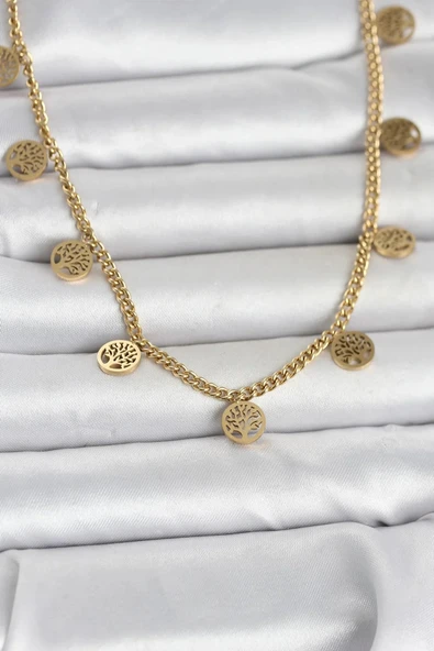 316L Çelik Gold Renk Yaşam Ağacı Model Kadın Kolye ürün görseli 1