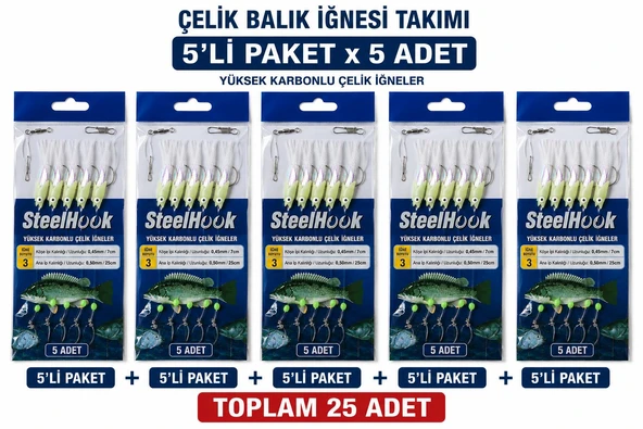 Valkyrie Fosforlu Çelik Balık İğnesi Takımı 5’li Paket x 5 Adet Toplam 25 İğne Hazır Olta Gece Parlayan Yemli Çapari ürün görseli 1