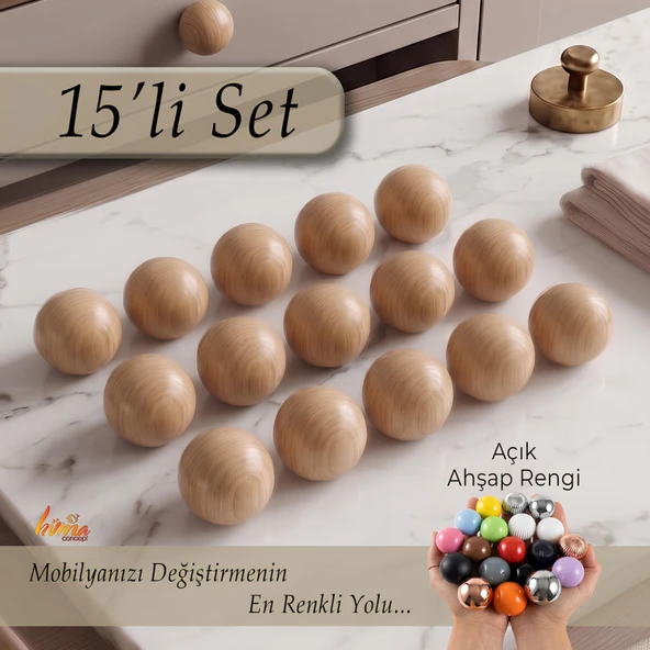 15 Adet Sert Plastik Düğme Yuvarlak Top Açık Ahşap Rengi Dolap Mobilya Mutfak Dolabı Çekmece Kulbu Kulpu Kulplar ürün görseli 1