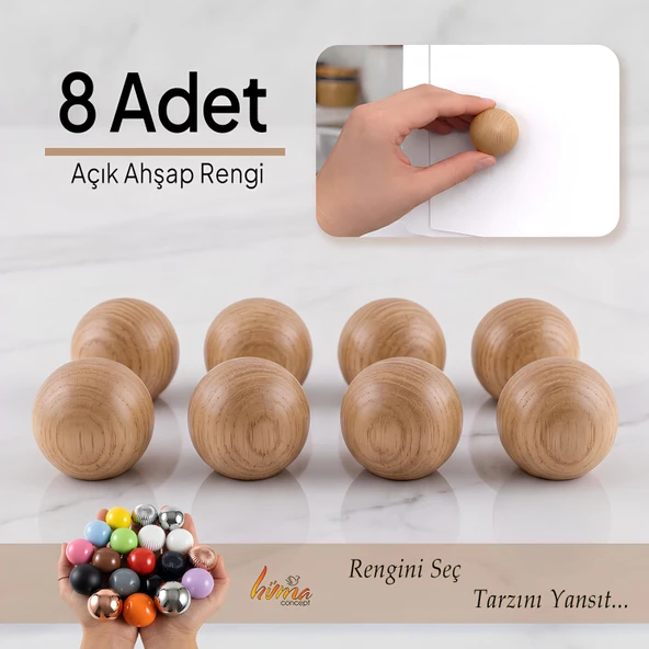 8 Adet Sert Plastik Düğme Yuvarlak Top Açık Ahşap Rengi Dolap Mobilya Mutfak Dolabı Çekmece Kulbu Kulpu Kulplar ürün görseli 1