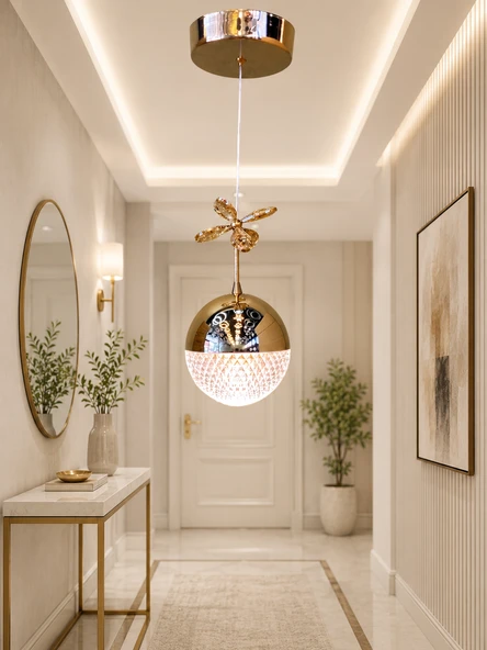 TEKLİ DESENLİ TOP ROSE GOLD 3 RENK MODLU KRİSTAL DESEN TAŞLI LEDLİ SARKIT AVİZE ürün görseli 1