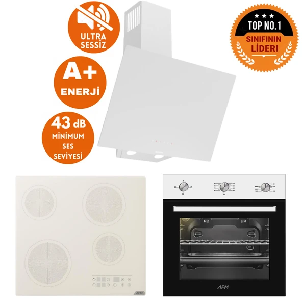 AFM Tech ve Ferre Marka/ FLUME Sessiz Elektr. Vitro. Beyaz  Ankastre Set (D078-SA + V5-04 + FM7301) ürün görseli 1