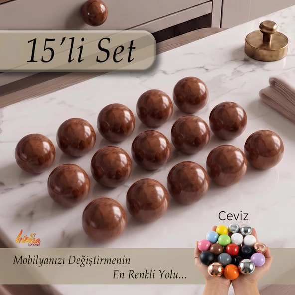 15 Adet Sert Plastik Düğme Yuvarlak Top Ceviz Dolap Mobilya Mutfak Dolabı Çekmece Kulbu Kulpu Kulplar ürün görseli 1
