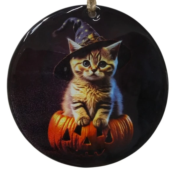 Sihirbaz Kedi Temalı Cam Kapı Süsü - Hediyelik Halloween Dekorasyonu - 12 cm ürün görseli 1