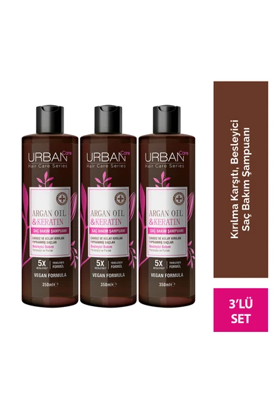URBAN Argan Oil & Keratin Besleyici ve Kırılma Karşıtı Saç Bakım Şampuanı-350 ml-vegan x3 ürün görseli 1