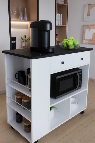 moka park avm Tekerlekli i Kahve Köşesi Dolabı Oval Kenarlı Mikrodalga ve Tost Makinesi Uyumlu, Modern Tasarım ürün görseli 1
