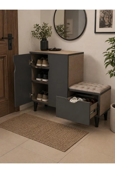 OFİSSEKİZ OFİSSEKİZ Modern Çok Amaçlı Ayakkabılık Dolabı ve Oturaklı Bench – Kapaklı Raflı Ayakkabı Dolabı, Minderli Çekmeceli Antre Hol Organizer ürün görseli 1