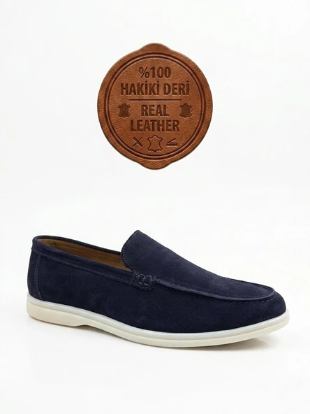 ET0252 %100 İçi Dışı Hakiki Deri Erkek Lacivert Süet Casual Loafer Termo Taban Ayakkabı ürün görseli 1
