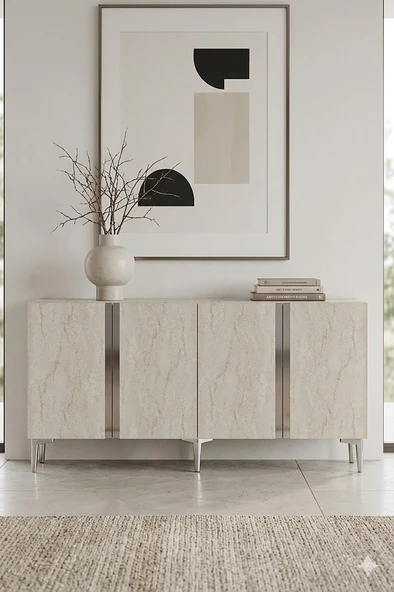 KA1598BTS ANKA Konsol ve Tv Sehpası Beyaz-Traverten-Silver 150cm ürün görseli 1