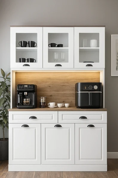 moka park avm ÜCRETSİZ MONTAJ barista LED Işıklı Beyaz Mutfak & Kahve Köşesi Dolabı çok amaçlı dolap kiler ürün görseli 1